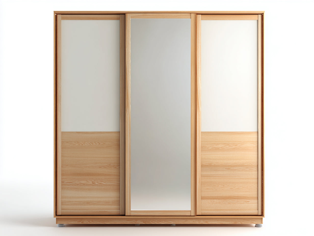Armadio - Legno Massello-MDF - 240x67x215 cm - Quercia-Bianco-Specchio - Stile Moderno Scandinavo