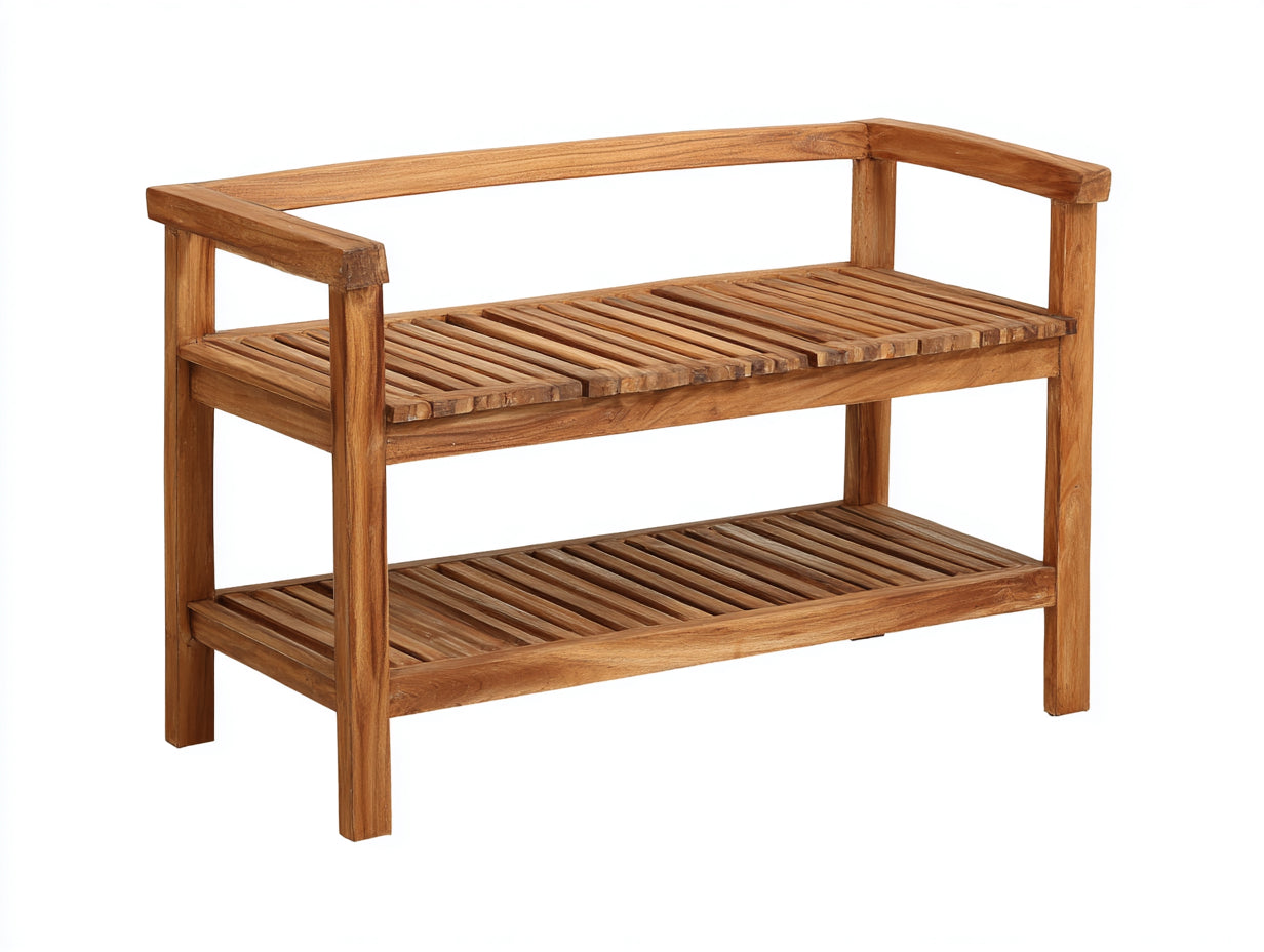 Panche da giardino-Teak-120x42x82 cm-Marrone miele-Rustico con ripiano inferiore