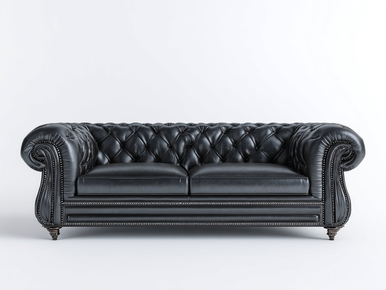 Divano a due posti - pelle sintetica-legno-metallo - 220x92x76 cm - nero - chesterfield classico