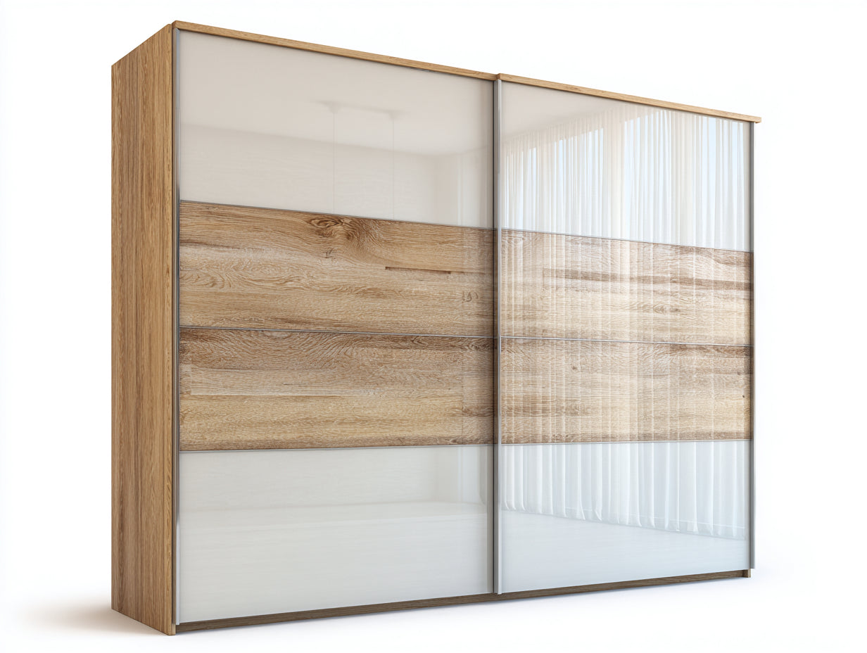 Armadio - Legno Massello-MDF - 240x66x215 cm - Bianco-Quercia Naturale - Stile Moderno Scandinavo